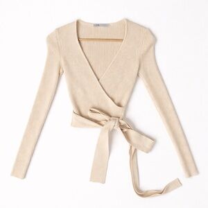 ZARA Ribbed Knit Wrap Sweater Top Balletcore Beige Cream